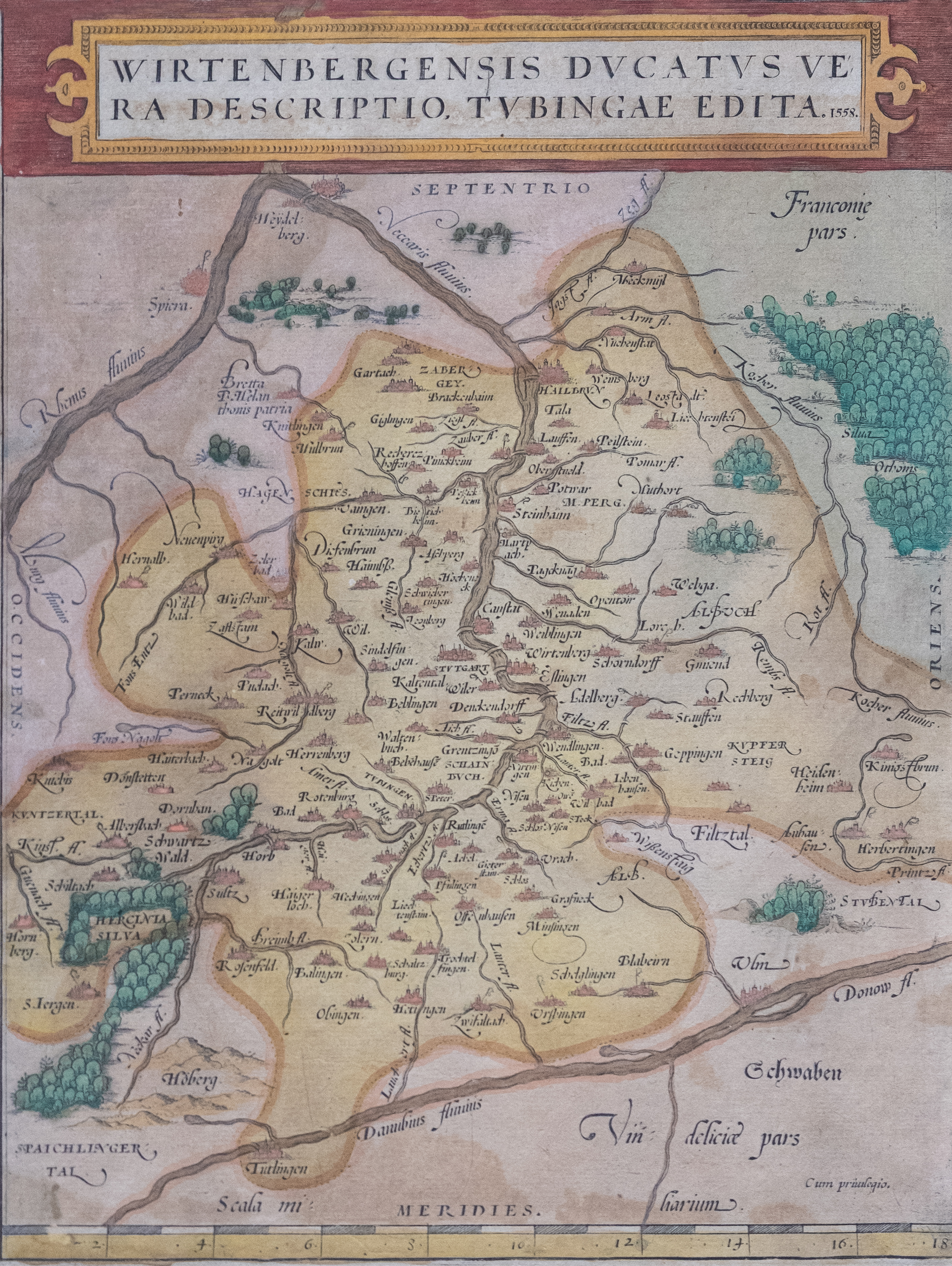 Der Niederländer Abraham Ortelius (1527 -1598) veröffentlichte Kartensammlungen unter dem Name Theatrum Orbis Terrarum. Die Bücher erlebten zahlreiche Auflagen, die ständig
erweitert und aktualisiert wurden. Es gibt Karten von Württemberg, seltsamerweise aber keine von Baden. Gezeigt werden hier Karten von 1558 (gedruckt 1570) und 1579.
