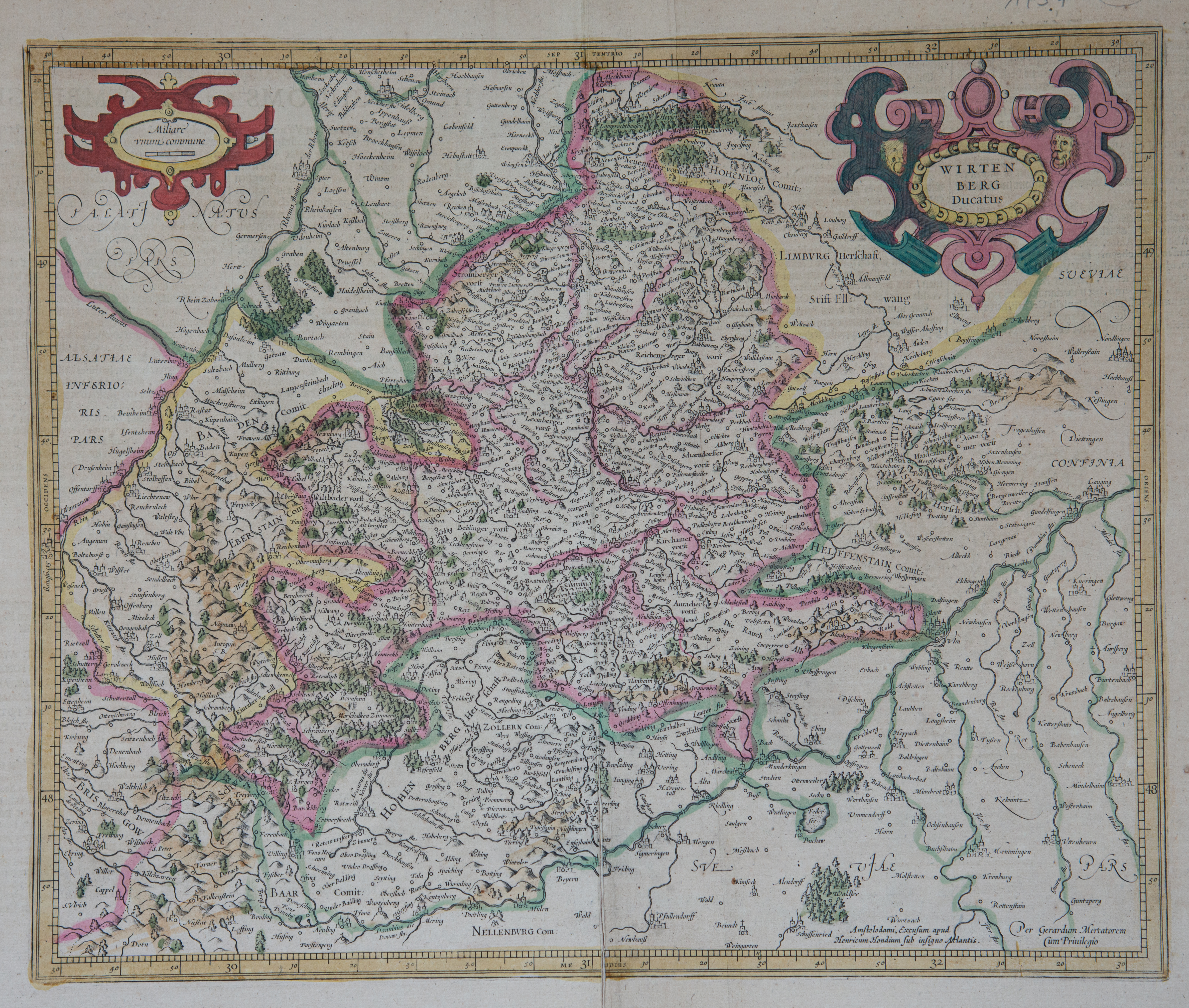 Atlas Sive Cosmographicae Meditationes de Fabrica Mundi et Fabricati Figura...
editio decima. Amsterdam, Henricus Hondius, 1630.Später Druck der Karte von 1585, unter Verwendung der alten Kupferplatte.Die genaue Zuordnung der Karten zu kompletten Atlanten ist oft schwierig, es wurden unterschiedliche Abdrucke für die Bücher verwendet.Bei diesem Druck ist der zusätzliche Text am unteren Rand wichtig: Amsteldami … Henricum Hondium.
Der erste Druck dieser Karte wurde erstmals in dem 1595 erschienen Atlas veröffentlicht.
1595 veröffentlichte Rumold Mercator die Karten seines Vaters Gerhard Mercator. Das Buch trägt den Titel „Atlas sive cosmographicae meditationes de fabrica mundi et fabricati figura“. Seitdem werden Kartensammlungen auch „Atlas“ genannt. Mit dem Namen Atlas bezog sich Mercator auf den mythischen König Atlas von Mauretanien. Frühere Kartensammlungen hatten als Titel „Cosmographia“ oder „Theatrum Orbis Terrarum“.
In dem Atlas von Mercator erscheint ein Ortsteil von Keltern erstmalig auf einer gedruckten Karte unter dem Namen „Elmelingen“. Interessante Ortsnamen in der Umgebung sind „Rembingen“, eine Burg, von der aber nur Überreste vorhanden sind. 
Der aktuelle Ortsname „Remchingen“ von 1973 geht darauf zurück. „Aich“ verschwand nach dem 30-jährigen Krieg. Den Namen „Rittburg“ kann ich allerdings nicht zuordnen. Er bezog sich wohl auf eine Burg, evtl. die von Langensteinbach.

