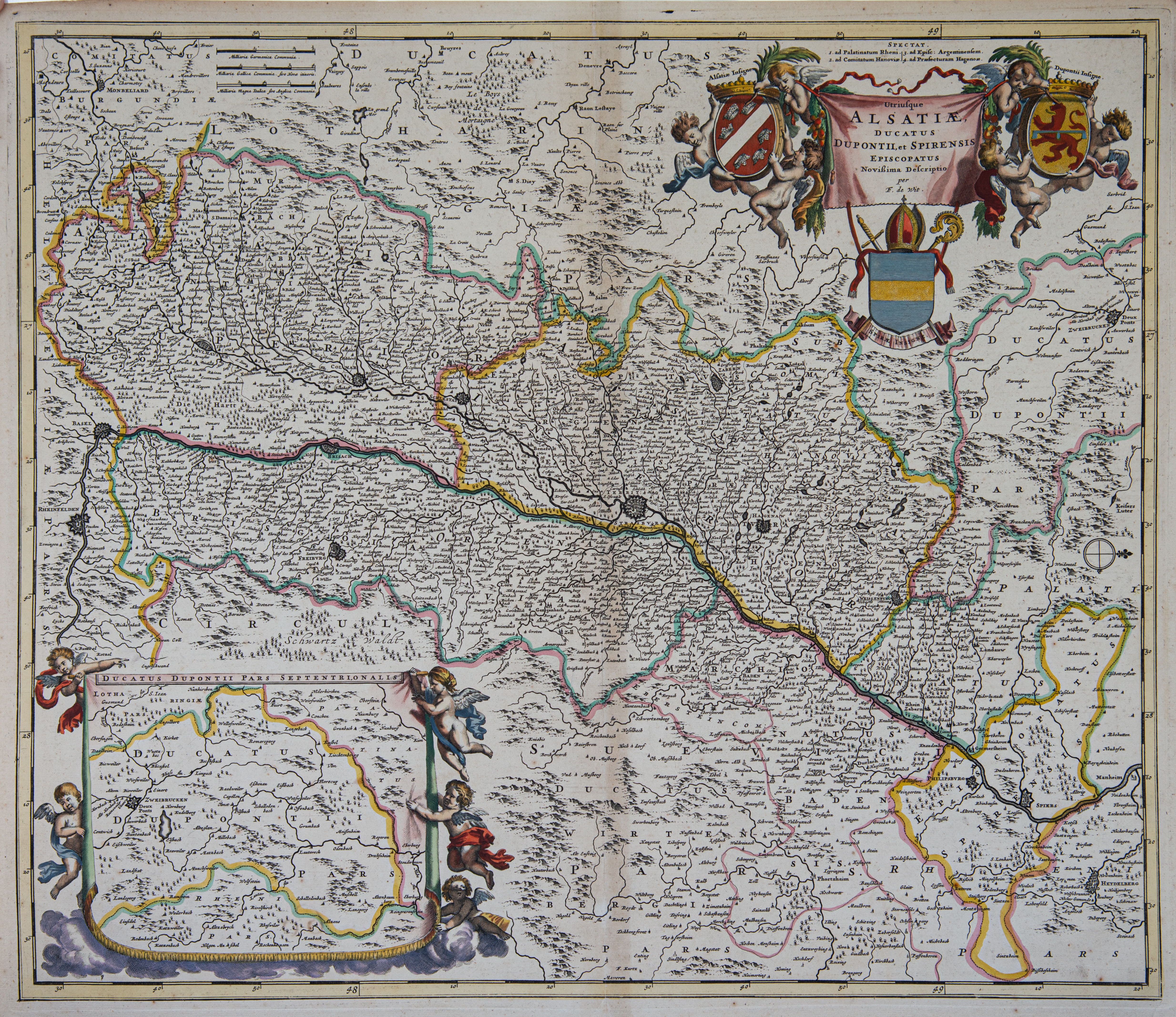 Alsatiae ducatus von Frederik de Wit, nach 1688.
Die Karte stammt aus einem Atlas ohne Titelblatt. Das genaue Druck- bzw. Erscheinungsdatum ist daher nicht bekannt. Kolorierter Kupferstich.
Auf der Karte ist kein Ortsteil von Keltern aufgeführt. Die benachbarten Orte sind meist völlig falsch platziert. Die Karten von Mercator auf dem 16. Jh. sind da schon viel genauer gewesen. Man kann annehmen, dass diese Karte von früheren Karten kopiert wurden, evt. sogar von schon kopierten. Dadurch haben sich die Fehler eingeschlichen. Auf solche Techniken beruht der Begriff „abkupfern“ (Kopie eines Kupferstiches).

Die Ausgaben des Hauses de Wit wurden konsequenterweise nach Norden ausgerichtet. Schon bei den alten Griechen war es so, aber dann im Mittelalter kam eine Phase, in der Osten auf Weltkarten oben war, denn: im Osten lag die heilige Stadt Jerusalem. Aus dieser Zeit stammt das Wort „orientieren“: Orient ist der Osten, wer sich orientiert, richtet sich und damit seine innere Landkarte also nach Osten aus. Die Nord-Süd-Achse setzte sich in der Kartographie durch, denn erst im Zuge der großen Seefahrer und mit der Einführung des Kompasses (den wir auch den Arabern verdanken, die ihn wiederum von den Chinesen haben) trat eine Änderung auf. Die von Nord nach Süd zeigende Kompassnadel, trug wesentlich dazu bei, dass auch die Landkarten danach ausgerichtet wurden. Der Verlag war mit einer der ersten in Europa, der dieses konsequent umsetzte. (Wikipedia).
