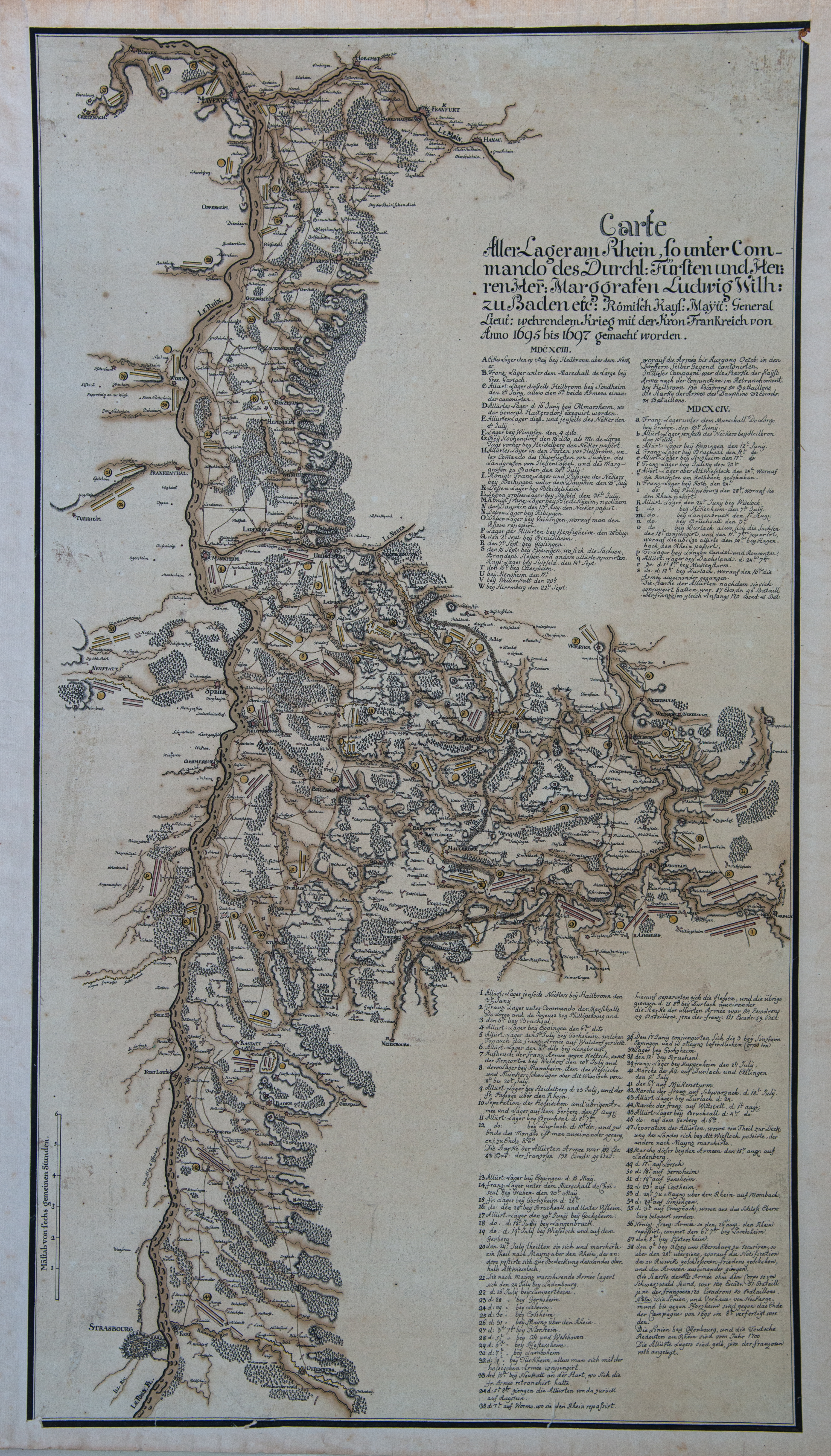 Kriegskarte des Pfälzischen Erbfolgekrieges. 
Originalzeichnung. Leider konnte ich keine näheren Angaben zu Urheber und Herstellungszeit finden.
Carte generale et originale tres exacte du theatre de la guerre sur le Rhein, laquelle ná jamais été donnée aujour. Etienne Briffaut Libraire de L'Université de Vienne avec privilege 1735.
