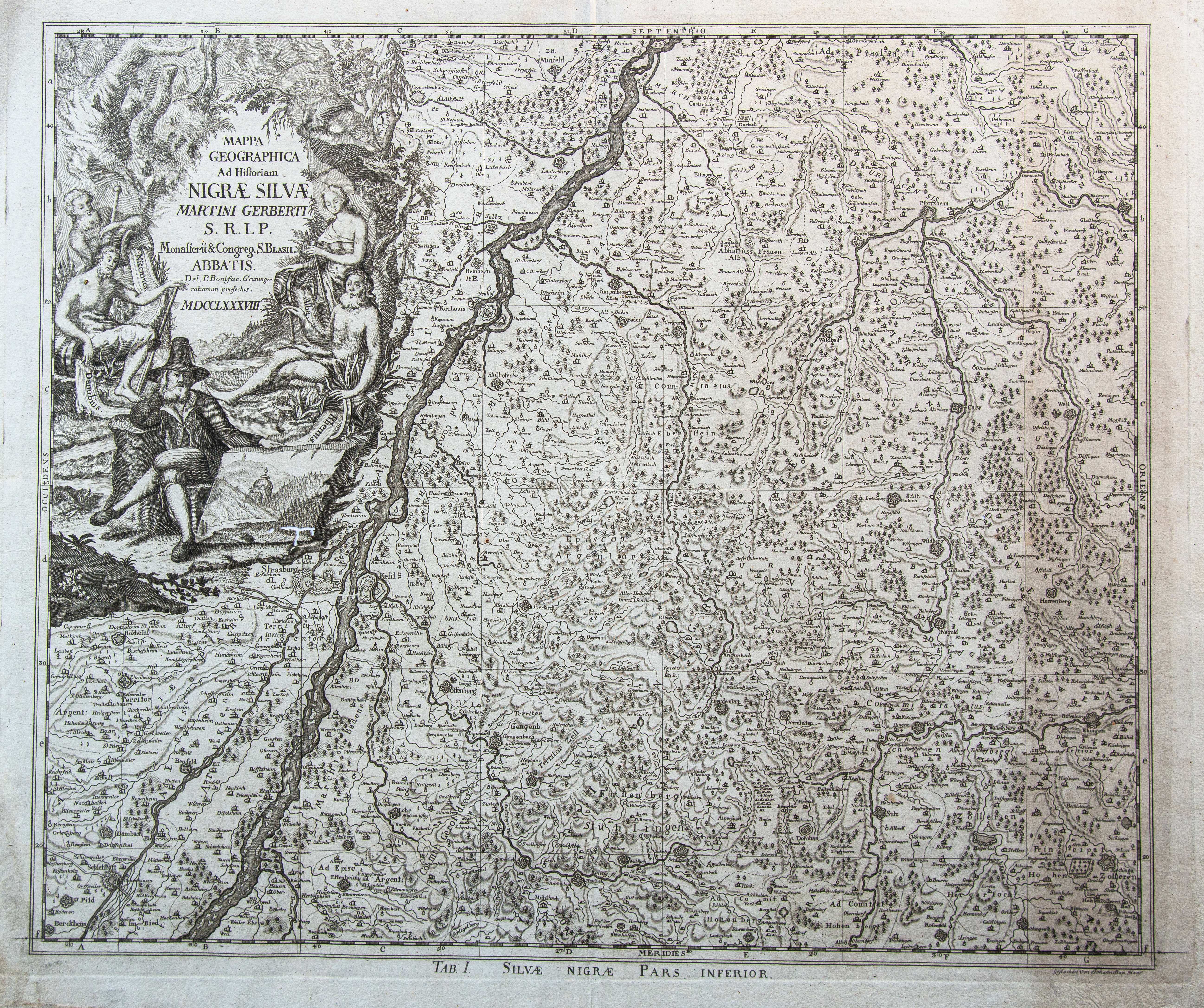 Mappa geographica ad Historiam Nigrae Silvae Martini Gerberti S.R.I.P. Monasterii & Congreg. S. Blasii abbatis: Silvae Nigrae pars inferior. 1788. Die Ortsteile von Keltern sind einigermaßen gut platziert. Allerdings wurden andere Orte, wie z.B. Muschelbach (Mutschelbach) zwischen Ellmendingen und Niebelsbach gelegt.