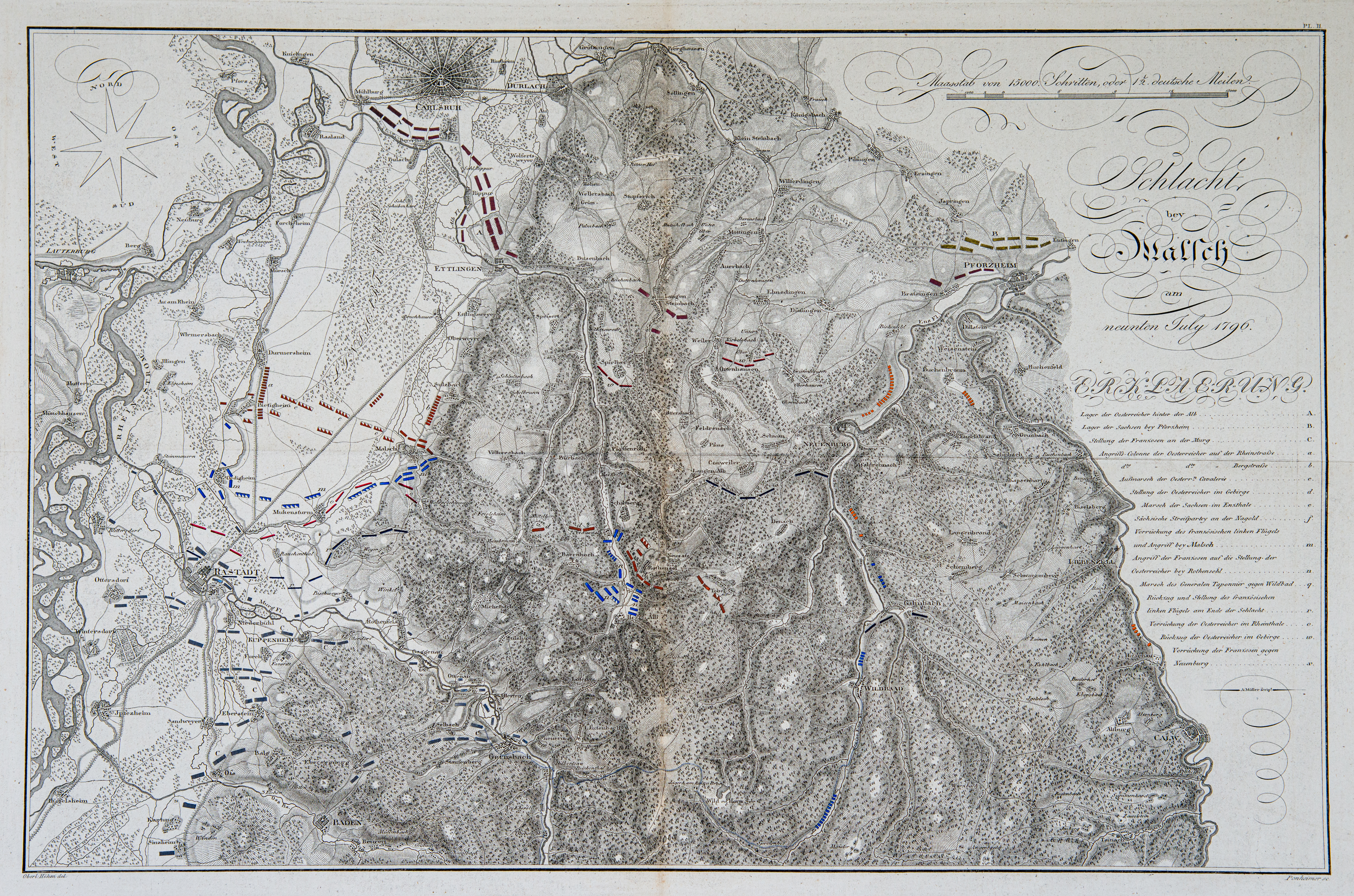 Carte des environs De Herrenalb Et Rothenzholl Pour servir à l'intelligence de l'affaire du 9 Juillet 1796. Veröffentlicht 1828.
Die französische Vorhut drängte zwischen Ottenau und Ebersteinburg auf Kuppenheim vor und drängte die Vorposten der österreichischen Division Sztáray auf das rechte Ufer der Murg zurück. Die österreichischen Truppen unter Latour standen auf der Hardt zwischen Malsch und Waldprechtsweier und der linke Flügel etablierte sich weiter östlich davon bei Rotensol. Das sächsische Kontingent unter Generalmajor Lindt marschierte, von Pforzheim kommend, durch das Enztal, um sich zwischen Urnagold und Besenfeld zu etablieren. Mittags griff die Mitte der Franzosen unter Saint-Cyr zwischen Loffenau und Herrenalb an und traf dann am Alb-Abschnitt zwischen Dobel und Frauenalb auf hartnäckigen Widerstand der österreichischen Division unter FML Kaim. Saint-Cyr erlangte Kenntnis vom Anmarsch der Sachsen, er selbst griff mit zwölf Bataillonen und seiner Reiterei zwischen Frauenalb und Rotensol an, während er General Taponier mit sechs Bataillonen und 150 Reitern durch das Enztal den Sachsen nach Wildbad entgegensandte. (Wikipedia)
