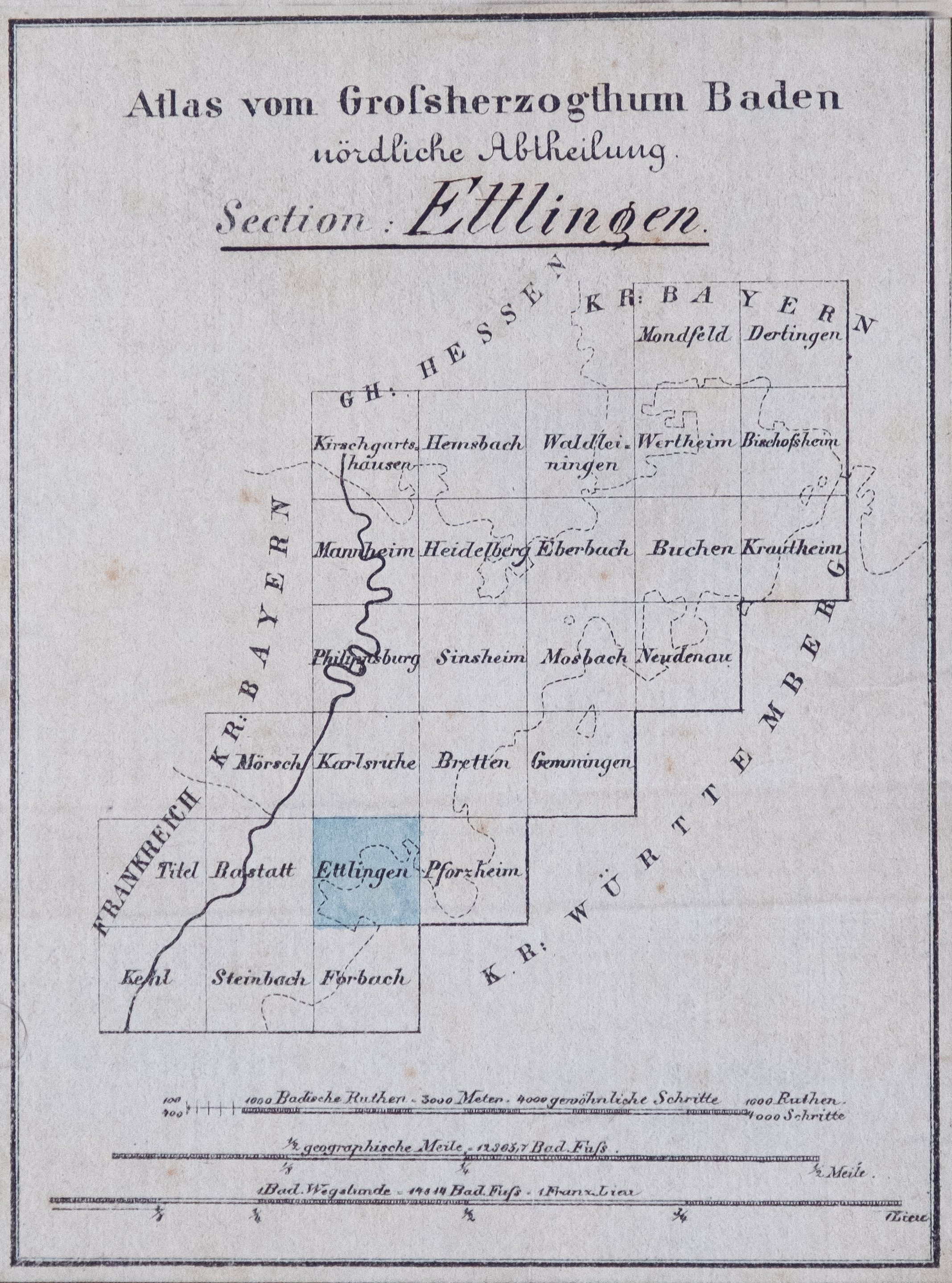Anfang des 19. Jh. wurden genauere Vermessungen vorgenommen und es entstanden die ersten topographische Karten. Hier ist das Blatt Ettlingen von 1841 aus dem Werk
Topographischer Atlas ueber das Grossherzogthum Baden : auf Befehl Sr. Königlichen Hoheit des Grossherzogs Leopold nach den Original-Aufnahmen des militairisch topographischen Bureaus in 55 Blättern bearbeitet und gestochen im Maasstabe von 1 : 50000 Verjüngung auf dem Karten-Bureau des Grossherzoglichen General-Quartiermeister-Stabes; 1838 – 1849.