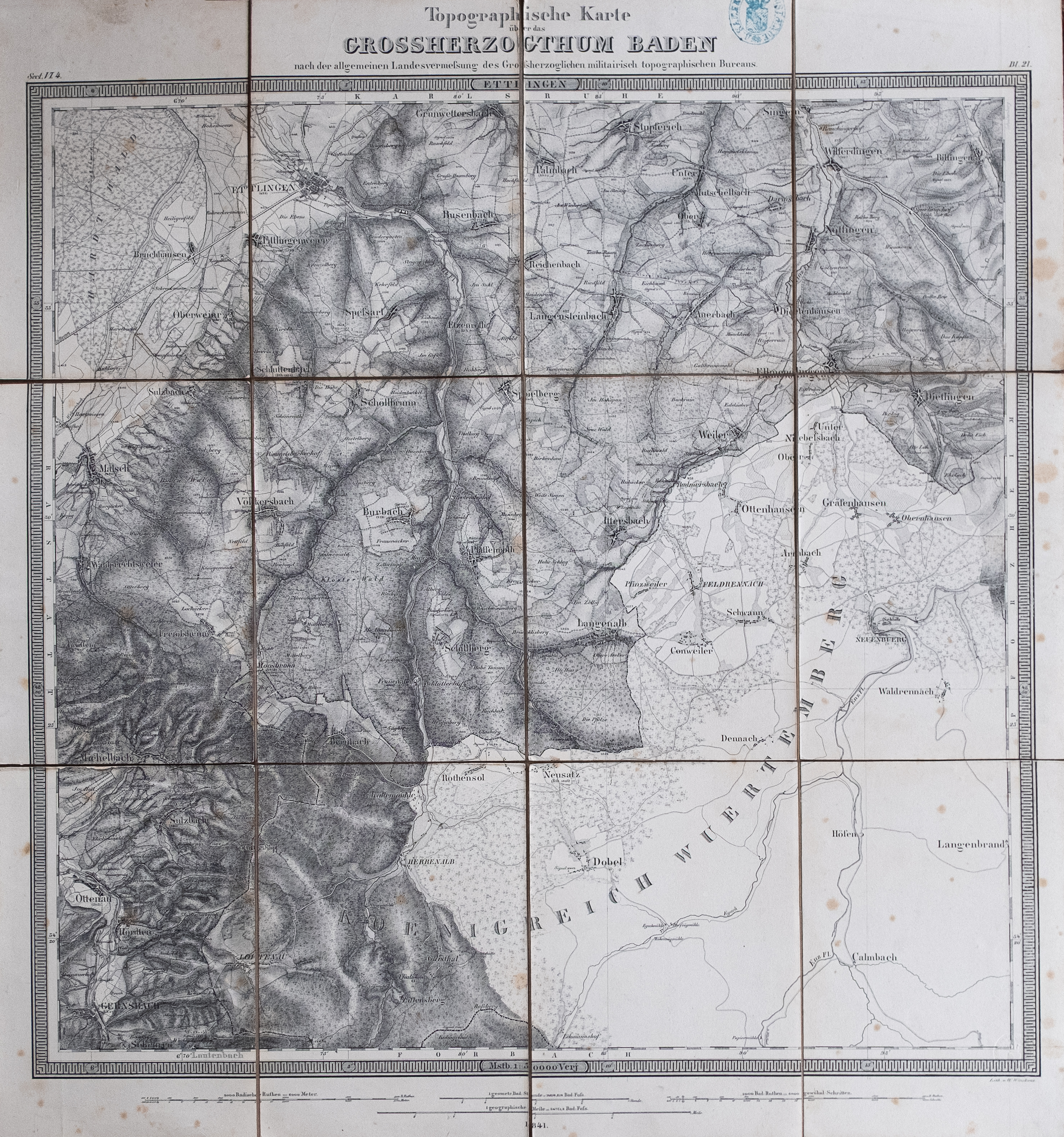 Detailkarte von 1841 mit dem Raum Keltern. Topographischer Atlas ueber das Grossherzogthum Baden