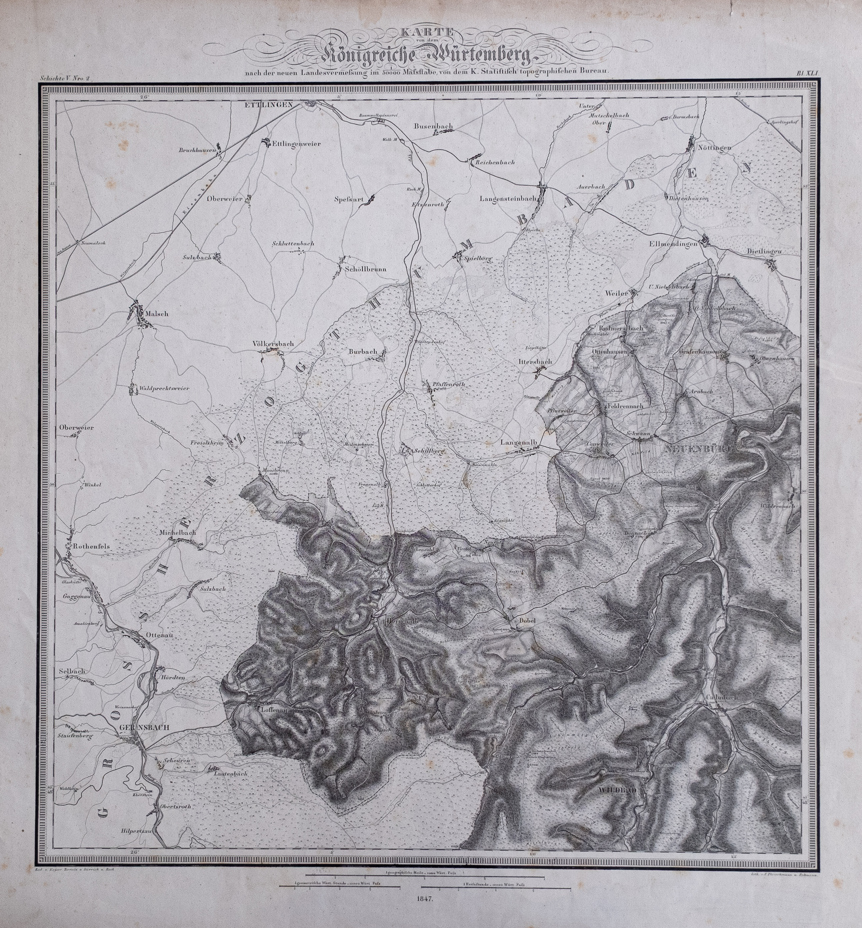 Teil 41 der Topographischen Karte Württemberg von 1847 mit dem Raum Keltern (nordöstlich in der Karte)
