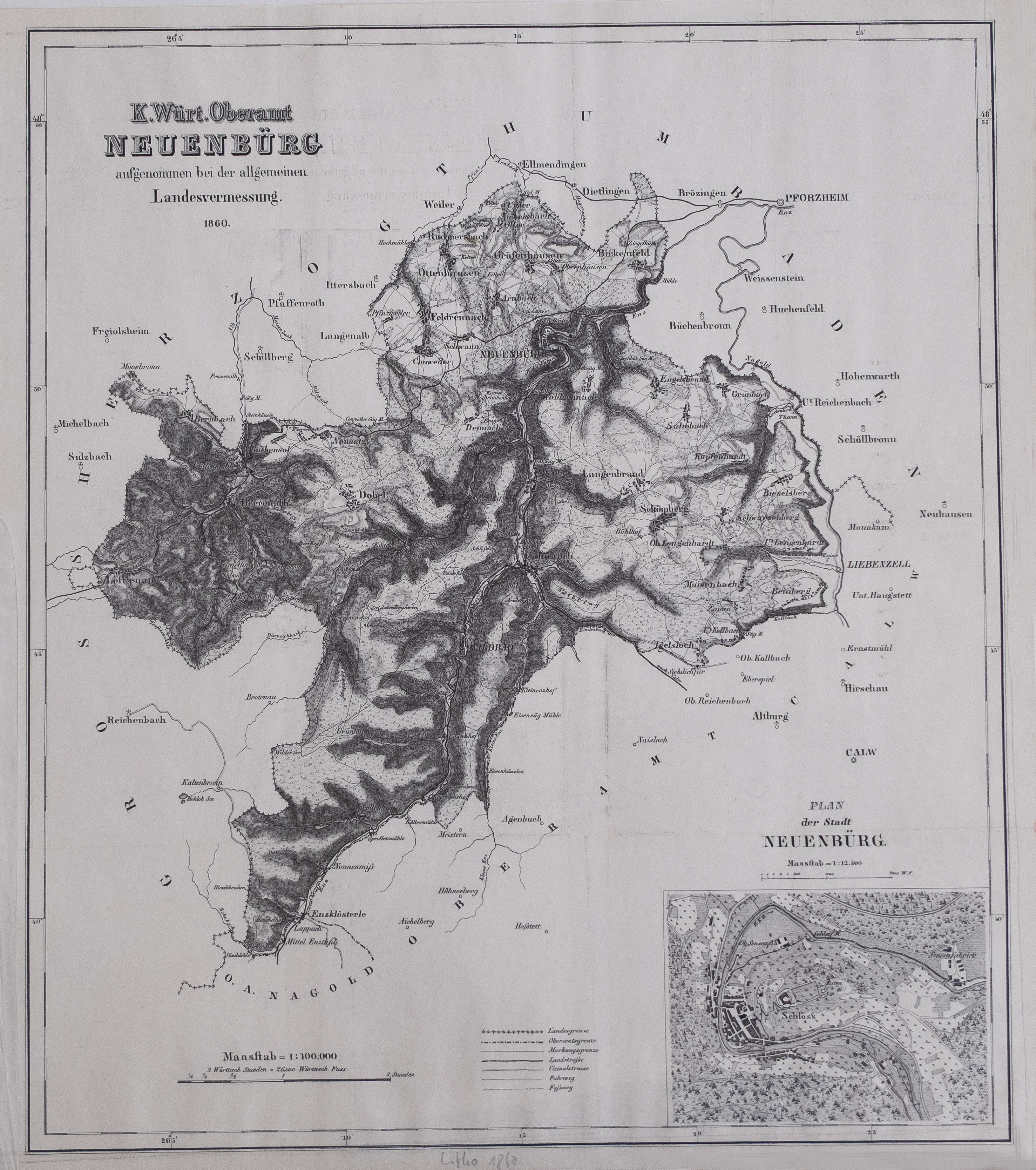 Karte des Oberamtes Neuenbürg von 1860. Ellmendingen ganz im Norden der Karte.